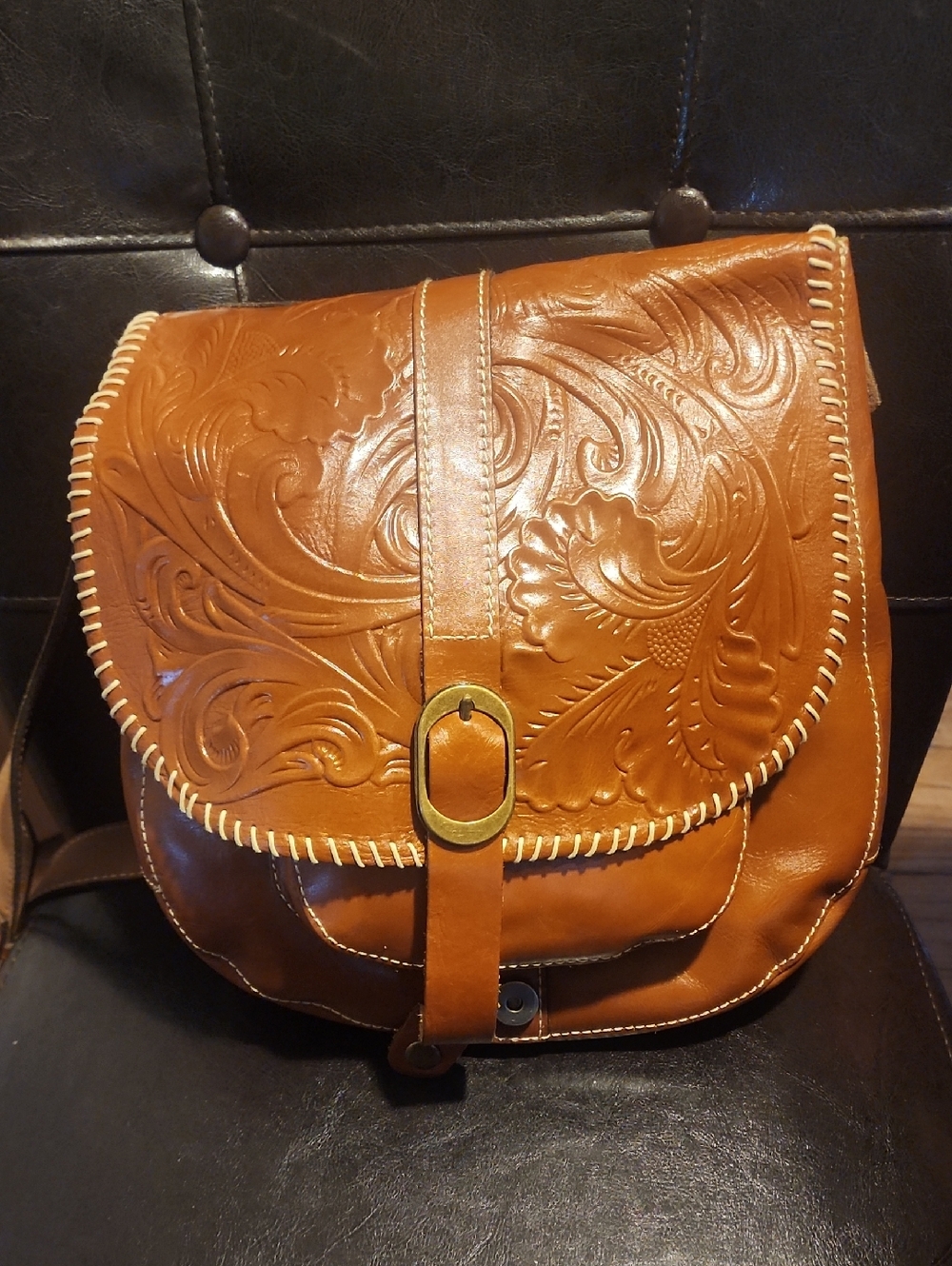Tooled Leather Tan Crossbody Bag with Whipstitch Trim